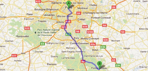 Mapa de Par&iacute;s a  Fontainebleau